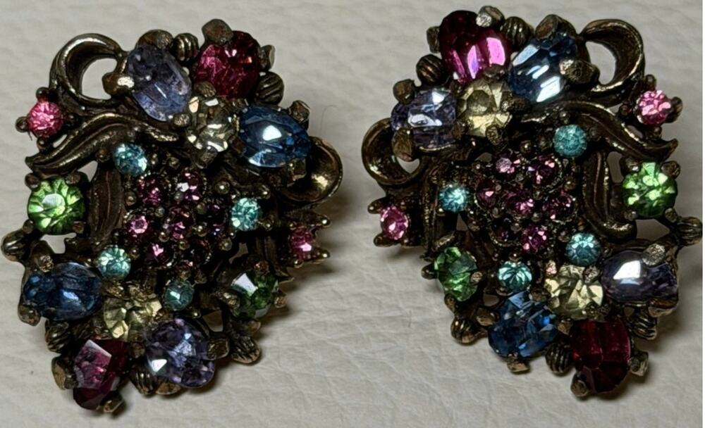 Signed Holly Craft Vintage Multi-rhinestone Earrings